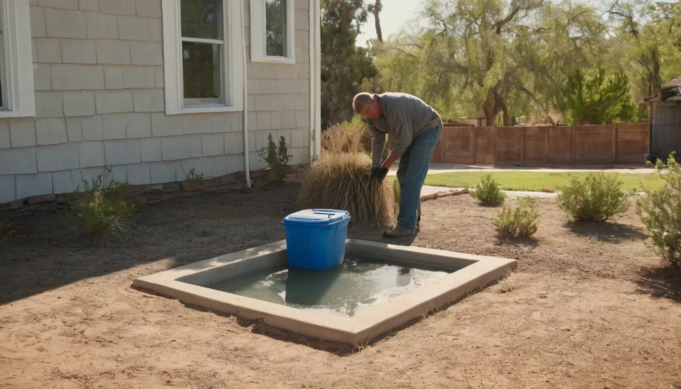 Septic provider checking an access lid in a stucco ranch home yard in the Oakland area